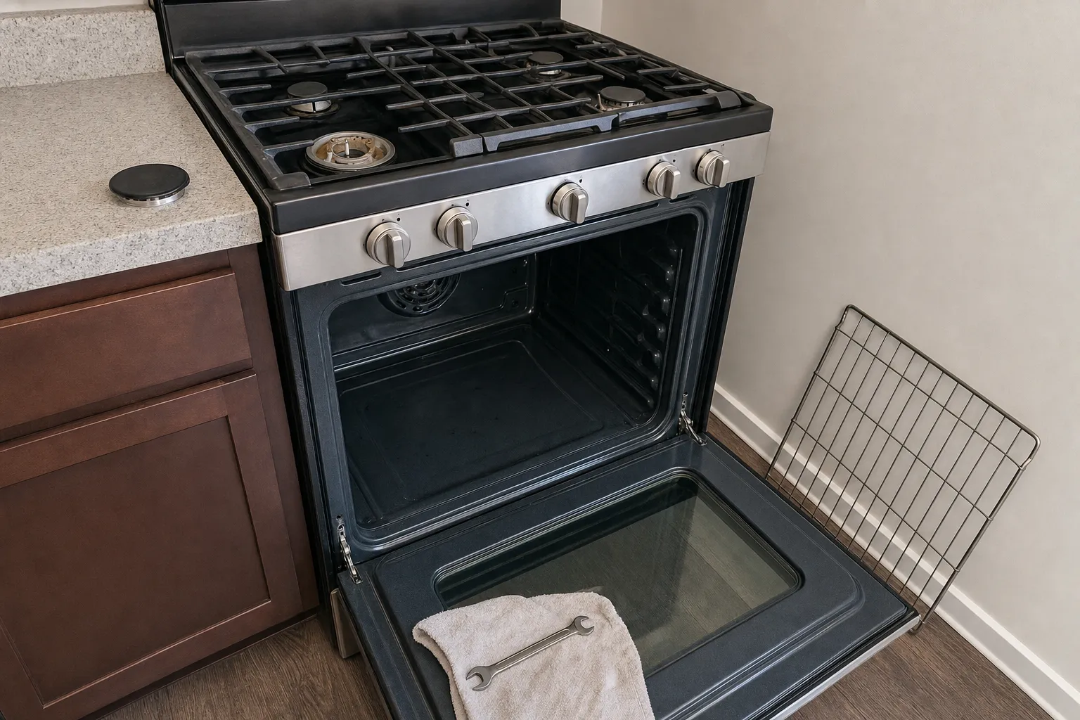 Gas range with the oven door lowered, one rack taken out and a wrench resting on a towel