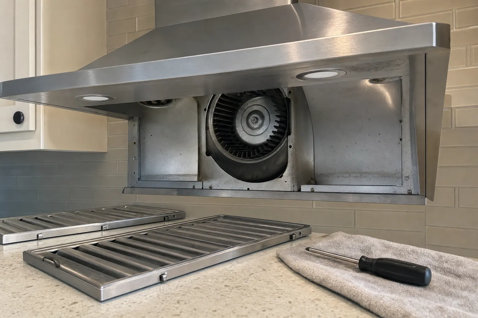 Range hood opened up with the blower wheel exposed, two baffle filters and a screwdriver on the counter