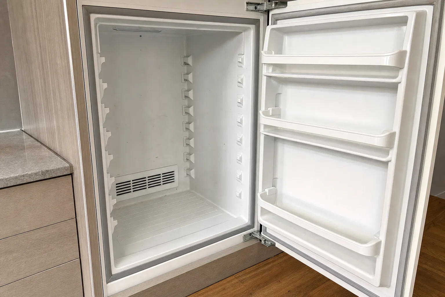 Built-in undercounter refrigerator standing empty with its door swung open against pale cabinetry