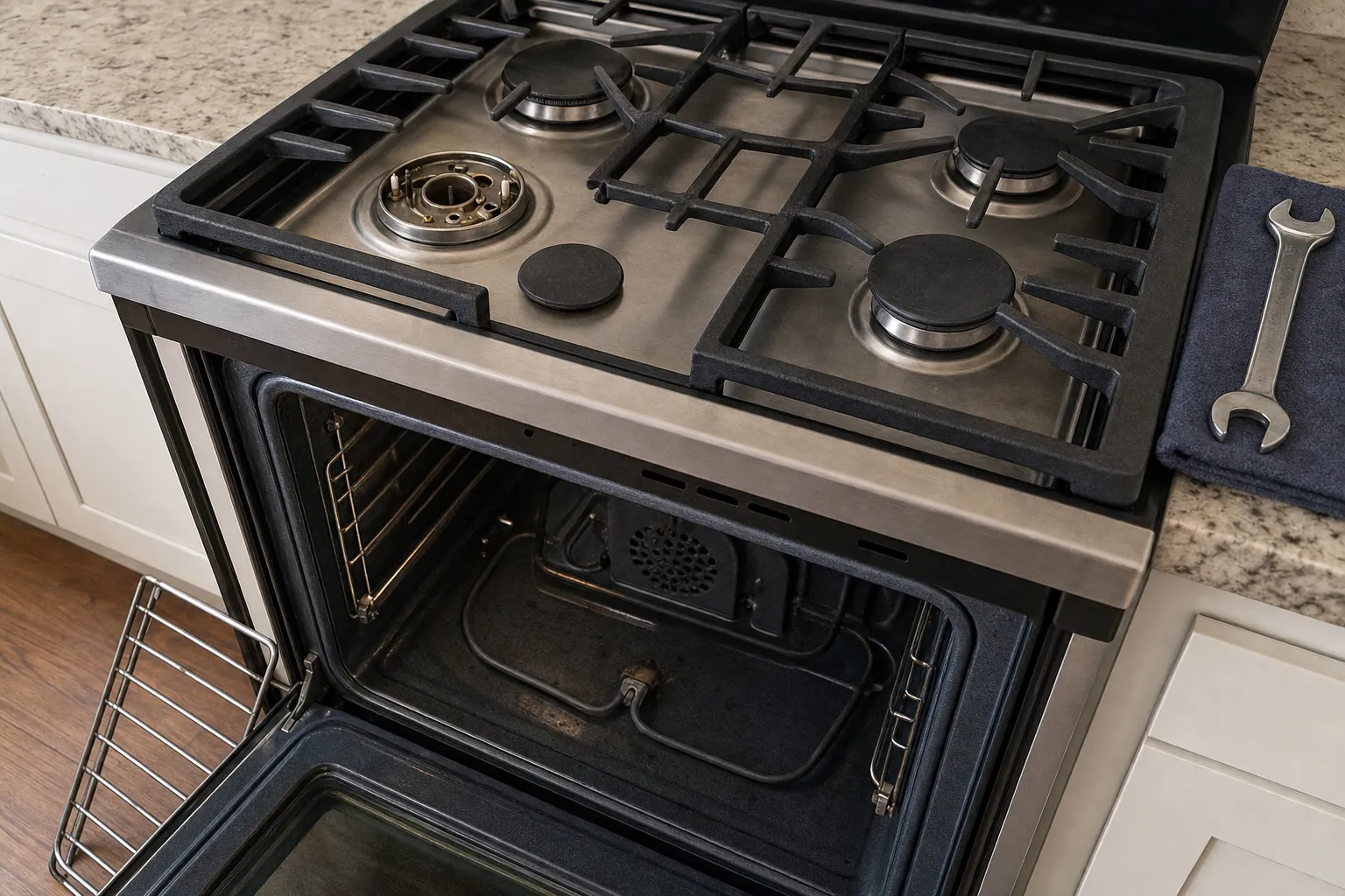 Gas cooktop over an open oven, one burner cap lifted to show its brass base and a looped element lying across the oven floor