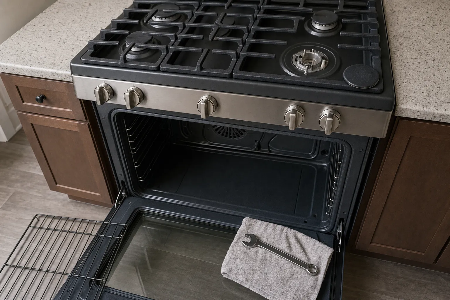 Gas range from above with one burner opened to its brass base, the oven door down and a wrench on a grey towel lying on the glass